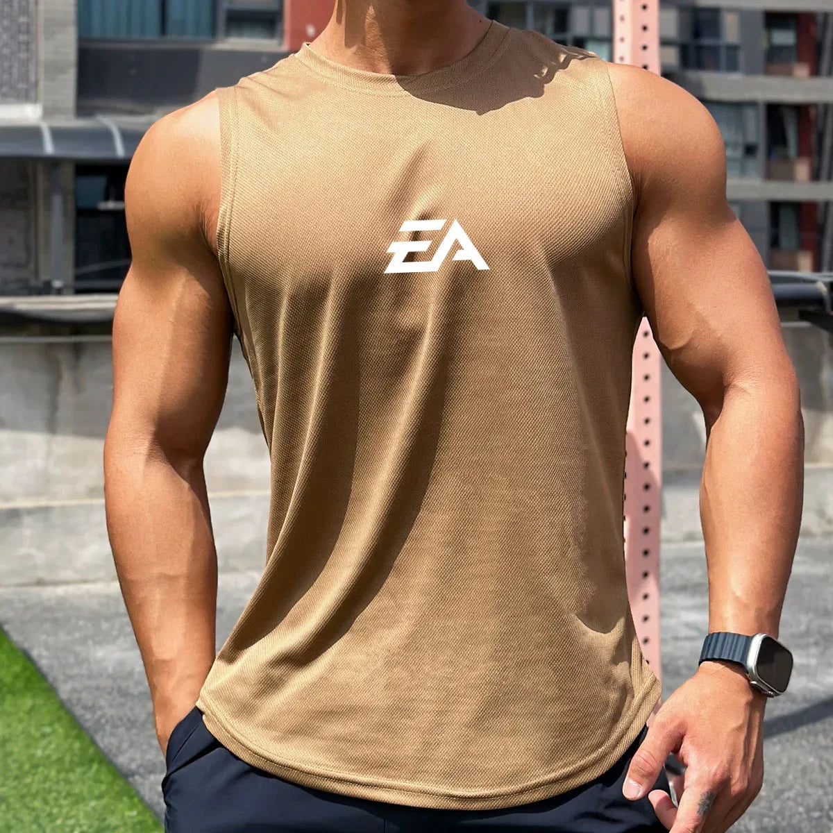 Mens Running Sleeveless Sport Tank Tops Gym Bodybuilding Fitness Workout Muscle Vests Mesh Cool Breathable Quick Dry T-Shirts